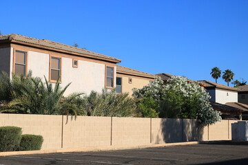 Typical view from a public parking lot of a gated Arizona housing residential community with a high block fence, stucco finished houses, palms, citrus trees and blooming oleander on a warm spring morn
