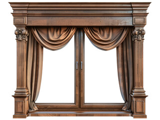 Wooden window with curtains isolated on transparent background
