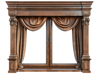 Wooden window with curtains isolated on transparent background