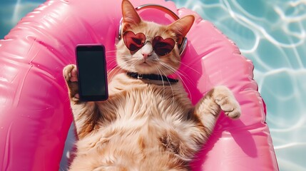 The beige cat in headphones and heart shaped sunglasses with a smartphone is lying on a pink air bed and listening to music in a swimming pool