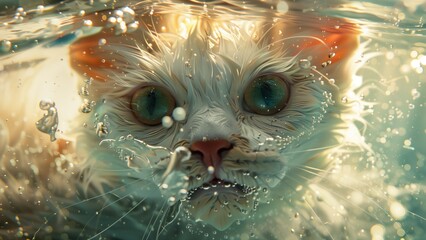 a white cat swimming underwater, an up-close and highly detailed portrayal of a white cat submerged in water, capturing a sense of movement and the play of light through the water