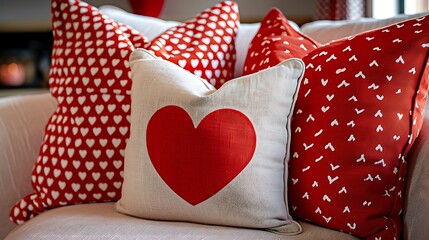 Obraz premium Three red and white cushions with heart pattern