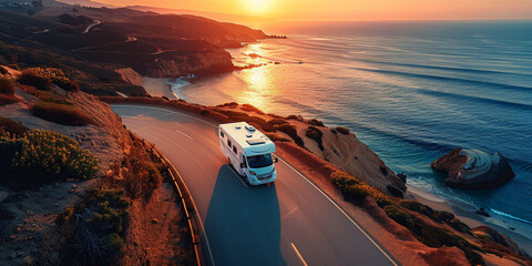 RV traveling at sunset along a scenic coastal road with breathtaking ocean views.