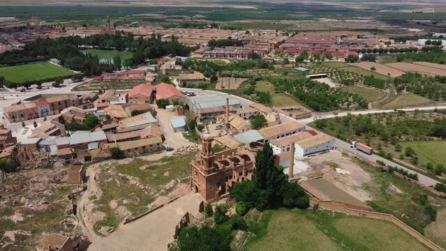 Old belchite town in zaragoza, spain on a sunny day, aerial view