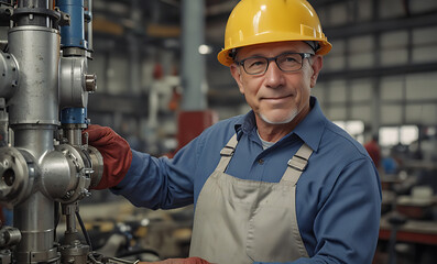 Technician with beard middle aged and working outside with polo shirt and helmet. Portrait of serious engineer at factory industry workplace