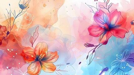 Fototapeta premium Abstract art background vector. Luxury minimal style wallpaper with golden line art flower and botanical leaves, Organic shapes, Watercolor. Vector background for banner, poster, Web and packaging.