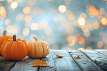 Autumn Background with Pumpkins on Wooden Table
