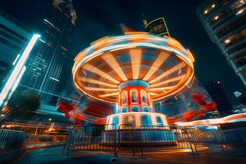 Night photo of a spinning, brightly lit carousel in a cityscape with illuminated skyscrapers in the background