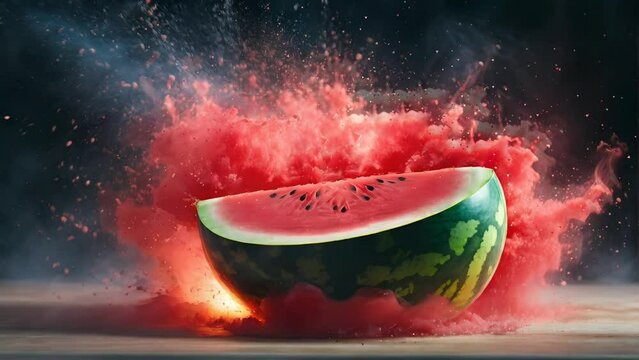 slice of watermelon on fire, seamless looping video animated background