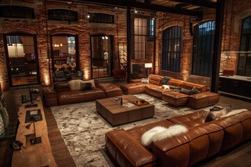 A luxurious modern living room with a blend of industrial and chic elements, featuring exposed brick walls and large leather sofas, in an urban loft at night
