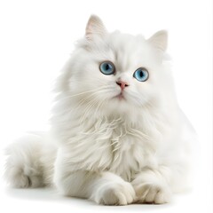 Mesmerizing White Persian Cat with Enchanting Blue Eyes Relaxing on a White Background