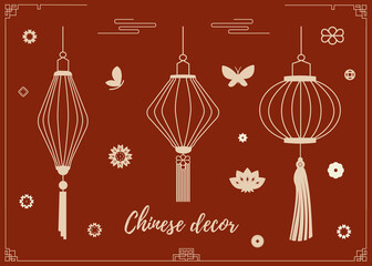 Vector festive chinese asian decor with geometric ornament, lanterns, lotus, butterflies, flowers, clouds for lunar chinese new year celebration. Happy new year lunar in China