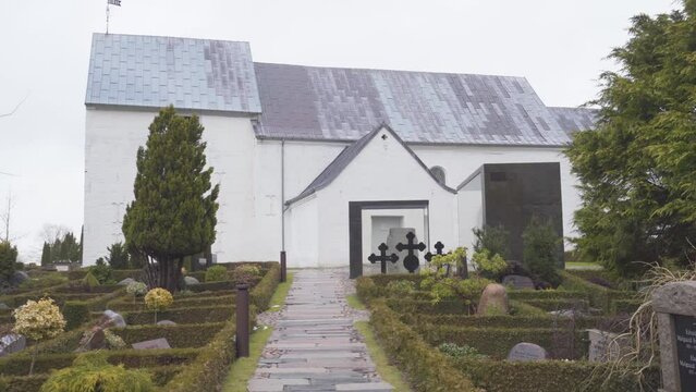 Church and Runestones at Jelling Cemetery  In Central Jutland Denmark