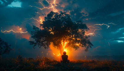 Fototapeta premium Striking Scene: Lightning and Person Beneath Tree 