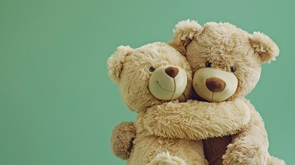 Obraz premium Two Teddy bears hugging each other over green background