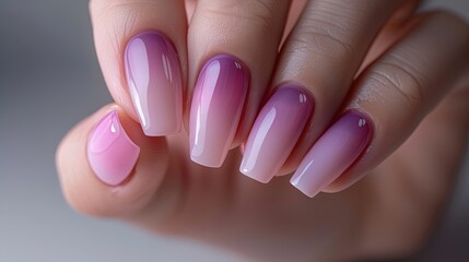 Hand with gradient pink and purple manicure. Close-up studio photography. Beauty and personal care concept for design and print.
