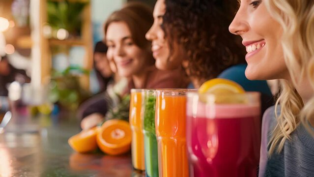 A group of coworkers taking a break from their busy day trying out the cafÃ©s signature coldpressed juices and smoothies.