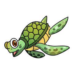 Cute cartoon sea turtle swimming happily with a bright shell and playful expression, perfect for children’s illustration, education, and ocean-themed designs