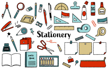 手描きのかわいい文房具イラストセット（カラフル）