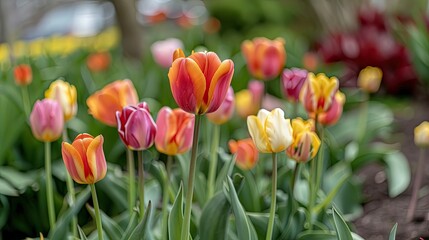 Obraz premium Close-up of a mixed arrangement of tulips in a garden bed, showcasing the variety of colors and the natural beauty of the flowers