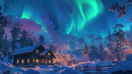 Colorful aurora borealis painting the sky over a traditional Finnish cottage nestled in the wilderness