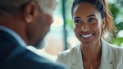 A smiling woman in a business suit talking to a man.