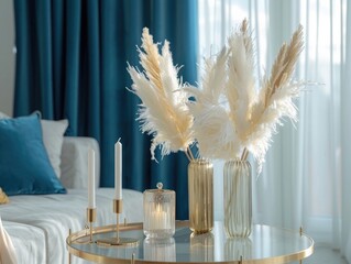 White pampas grass, golden vases and candles in the living room with blue curtains and sofa. White feather trees against a blue background. Minimalist modern luxury lounge interior design