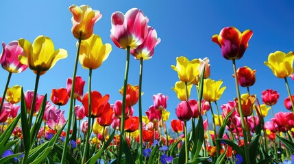 Fototapeta premium Field of tulips in various colors, creating a stunning, colorful carpet against a clear blue sky background