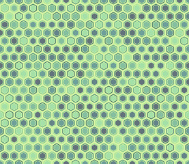 Mosaic background. Bold rounded hexagons mosaic cells with padding and inner solid cells. Hexagon geometric shapes. Multiple tones color palette. Seamless pattern. Tileable vector illustration.