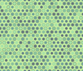 Mosaic background featuring bold rounded hexagons with padding and inner solid cells. A seamless pattern with a geometric design and multiple color tones.