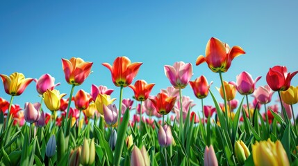 Field of tulips in various colors, creating a stunning, colorful carpet against a clear blue sky background