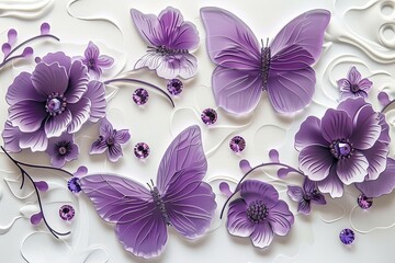 Three butterflies are painted on a white background. The butterflies are purple and are surrounded by flowers. The image has a calming and peaceful mood, as the butterflies