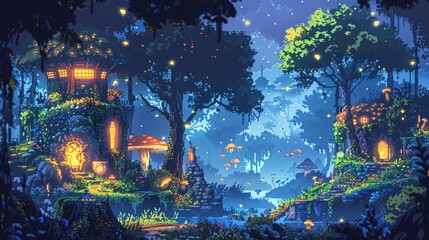 A pixelated forest at night with cartoon fireflies, glowing mushrooms, and characters exploring the enchanting environment.