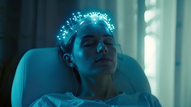 A person sitting calmly with their eyes closed as the implant sends microscopic doses of medication directly to their brain..