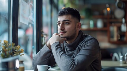 Fototapeta premium A man sitting at a table in a cafe.