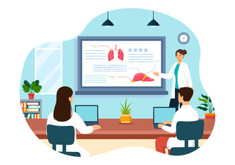 Medical School Vector Illustration with Students Listening to a Lecture and Learning Science in a Classroom in a Flat Cartoon Style Background