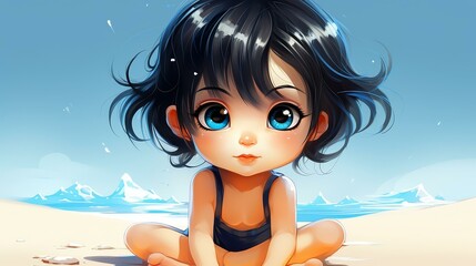 Chibistyle cartoon on a vibrant, pastel beach scene, rendered in digital vector art.