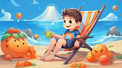 Naklejka premium Chibistyle cartoon on a vibrant, pastel beach scene, rendered in digital vector art.