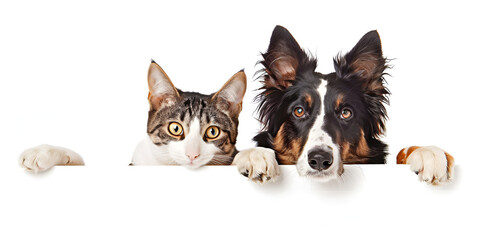 border collie dog and cat hanging its paws in a blank pets banner Isolated on white background