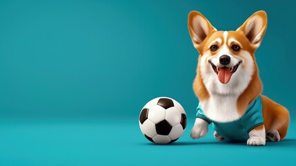 A corgi dog wearing a blue jersey is sitting next to a soccer ball. Football tournament,...
