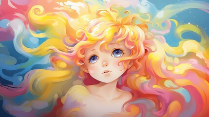 Naklejka premium Chibistyle art with wavy lines, vivid colors in a cartoony, stylized digital format.