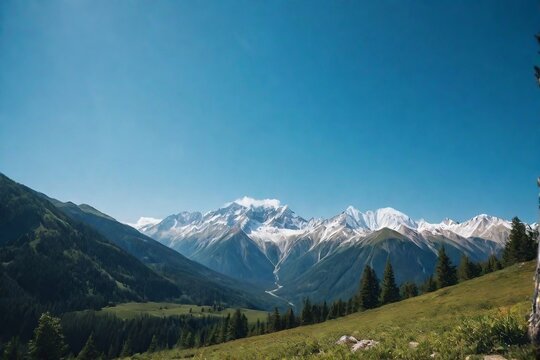 Beautiful serene mountain landscape with a clear blue sky.