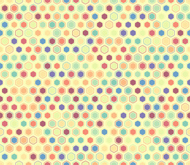 Hexagon geometric shapes background. Rounded hexagons mosaic cells with padding and inner solid cells. Hexagon geometric shapes. Multiple tones color palette. Seamless pattern.