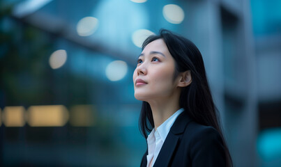 空を見上げるキャリアウーマン