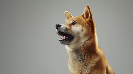 A Shiba Inu with a surprised expression, wide eyes, and an open mouth, looking to the left.