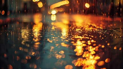 Streetlights reflected on a rainy city street, illuminating the pavement with a captivating glow