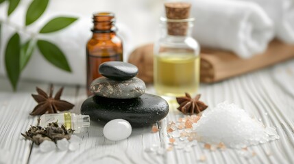 Cosmetic bottle containers, skin cream with flowers. Natural beauty and spa concept, Top view on white  wood table background.