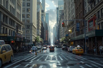 New York City, scenic shot, bustling city, street view with traffic