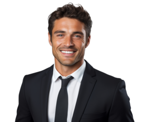portrait of handsome businessman wear formal suit and necktie with a beautiful smiling isolated on transparent png background