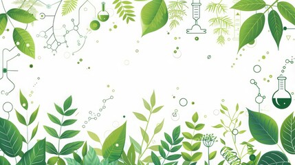 Green leaves and chemical formulas background, perfect for environmental science, sustainability, and nature themes.